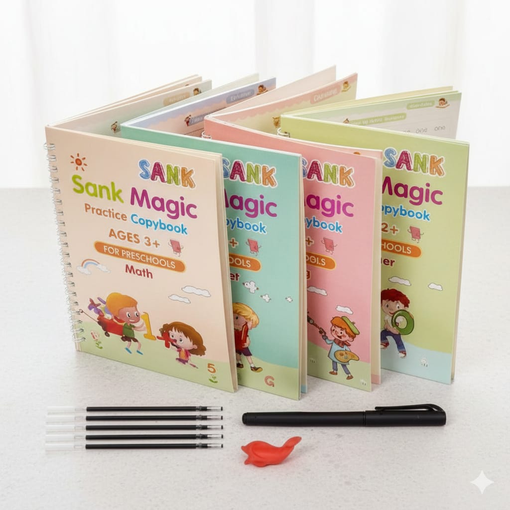 Magic Handwriting Practice Copybook for Preschool Learning – 4 Book Set and 4 pen (Ages 3+)