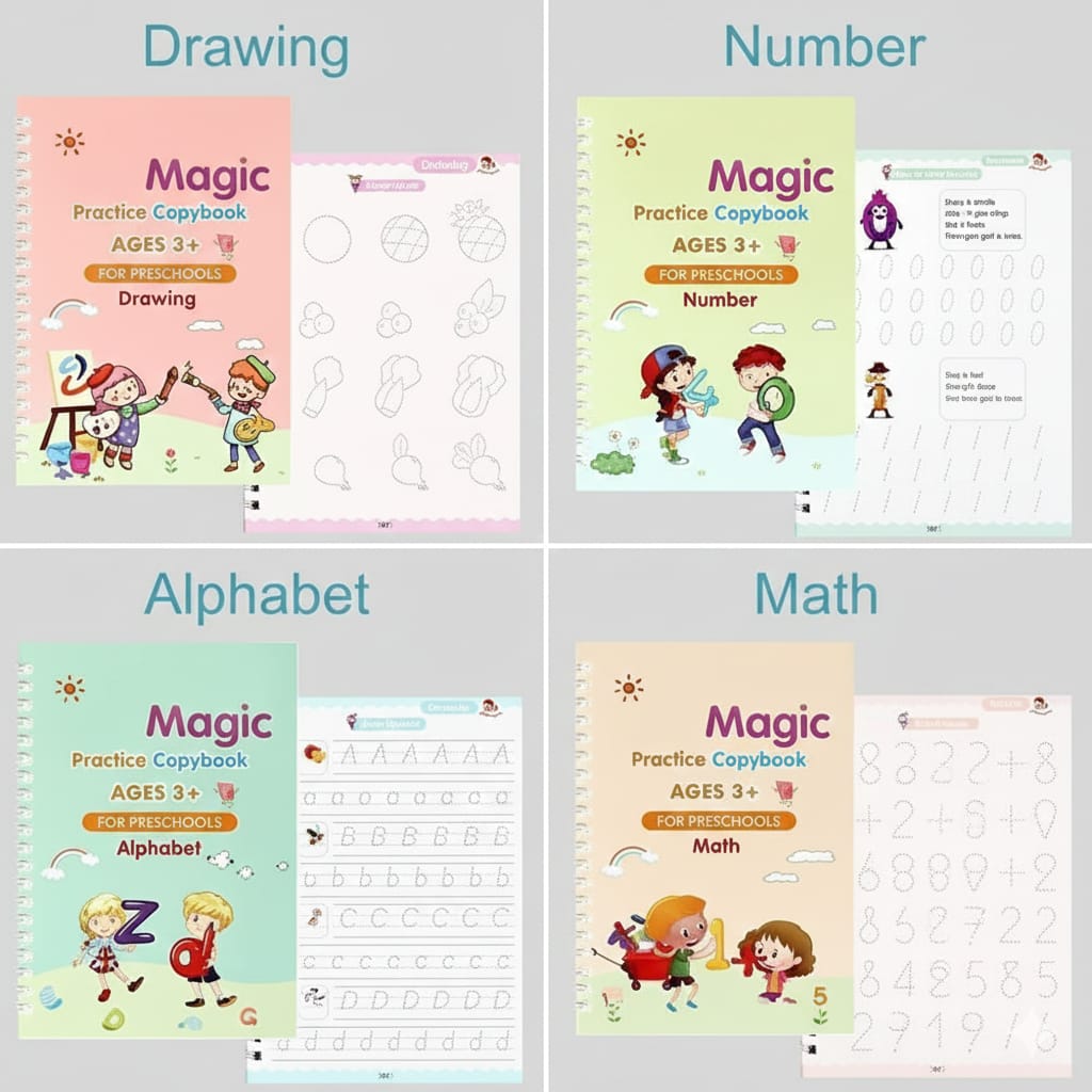 Magic Handwriting Practice Copybook for Preschool Learning – 4 Book Set and 4 pen (Ages 3+)
