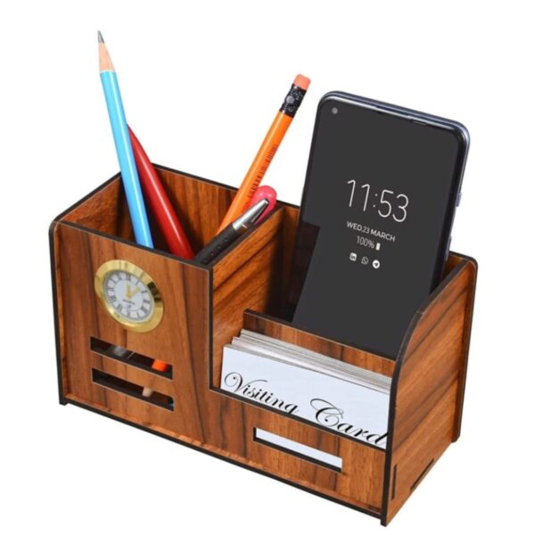 wonders Pen Stand With Clock, Business Visiting Card & Mobile Holder